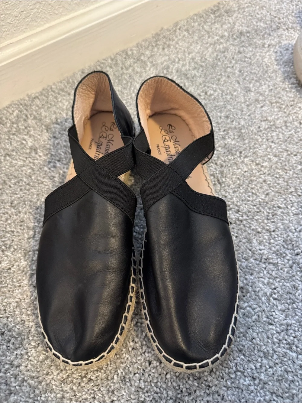 Classic Black Leather Espadrille Flats with Cross-Strap